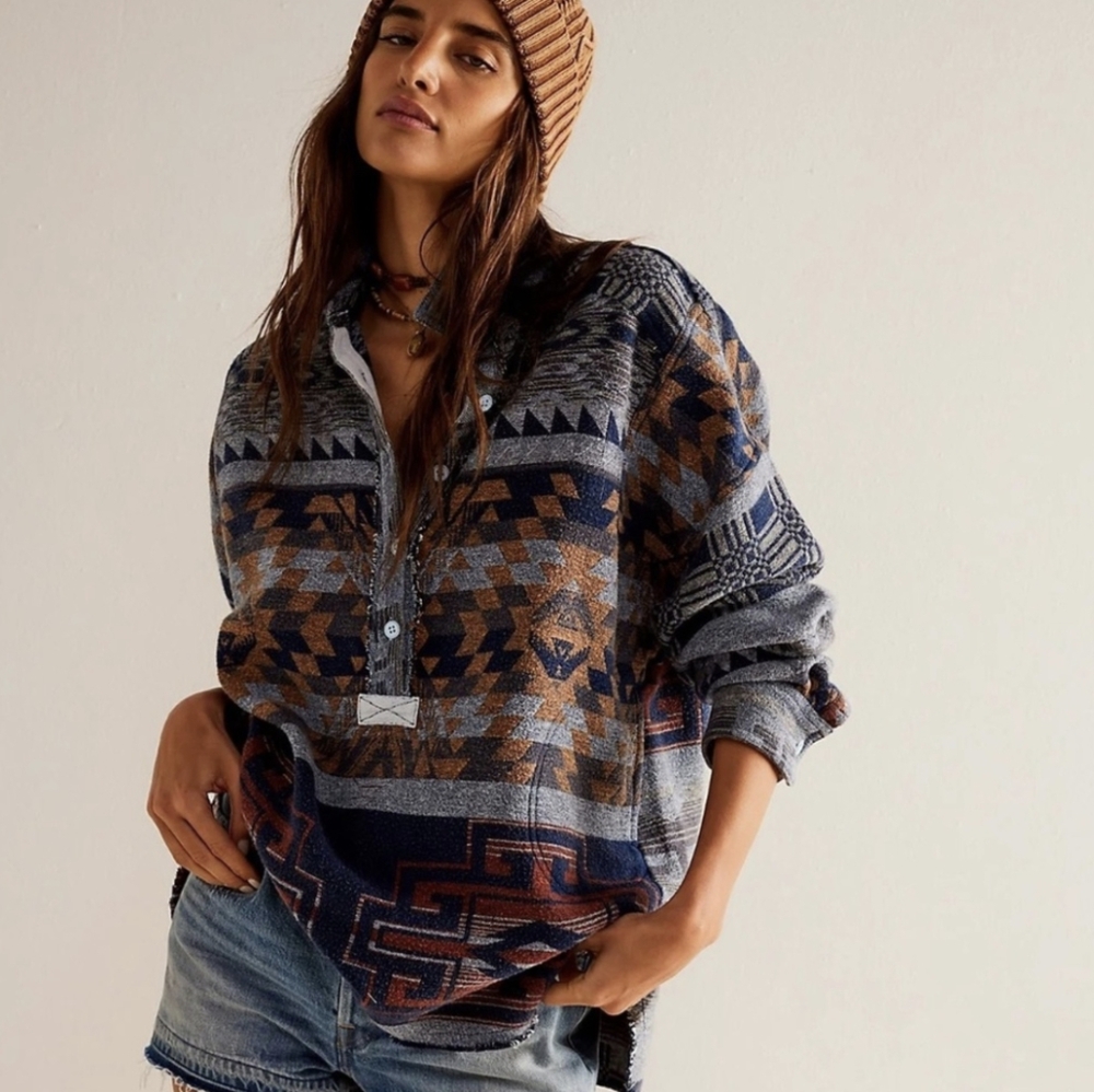Free People Aztec Knit Pullover in Gray and Brown